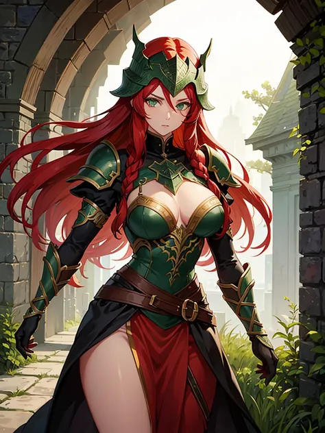 A very tall woman with braided red hair and green eyes, she would have large breasts and a muscular body, wearing dark souls-style armor but no helmet.