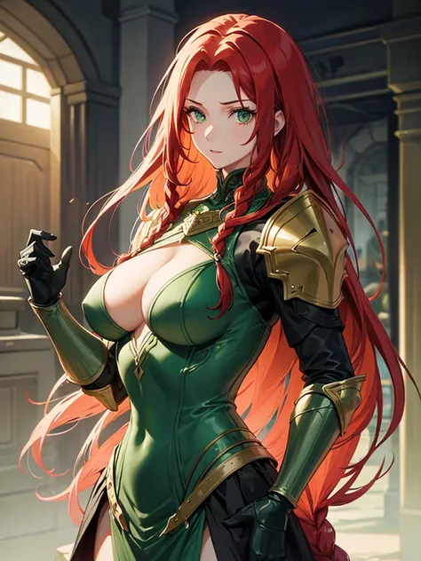 A very tall woman with braided red hair and green eyes, she would have large breasts and a muscular body, wearing dark souls-style armor but no helmet.