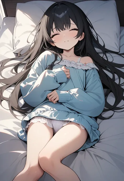 high quality, 最high quality、 Stylish design, (((The cutest girl))), ((Thin legs))、(((最high quality))), High resolution, ((detailed)), ((masterpiece)), ((Super detailed)), 14-year-old girl、Black Hair、Inner Color、((Lying on your back in bed)),((Light clothin...