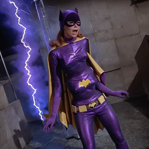 yvonne craig woman, she is desperate, trapped in a glass tube, blue lightnings inside shocks her body causing sparks on her puprple outfit. she is standing in pain with her shoulders shrugged, screaming with her eyes closes , she is in pain, we see her inj...