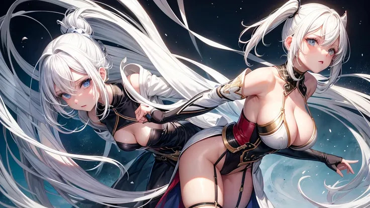 Create a character with white hair, smooth, falling to her waist, from the waist up and sex