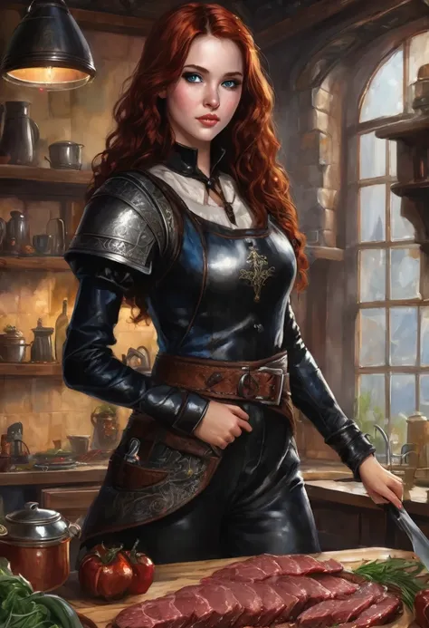 a super mega beautiful attractive cannibal young girl with round head, redhead curled long hair, short ,blue eyes, black collar,  Medieval black leather armor,brown leather belt,black tight pants, black boots , she standing in kitchen and happy to carnivor...