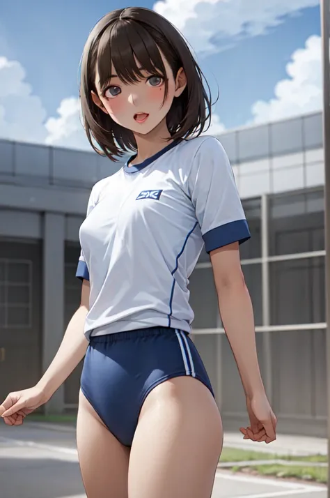 masterpiece, best quality, highres, aanene, short hair, buruma,gym uniform, standing, cowboy shot, outdoors, ahegao,nsfw,