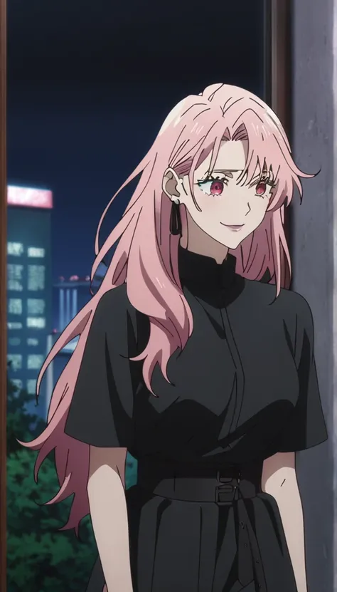 1girl, female gojo satoru, anime screencap from jujutsu kaisen, gojo satoru female version, solo, long_hair, ((Red eyes)) ((Pink_hair, hair over ear from one side))((slicked hair)) , night view, (hanging breasts) upper_body, smile, indoors, lips, (long hai...