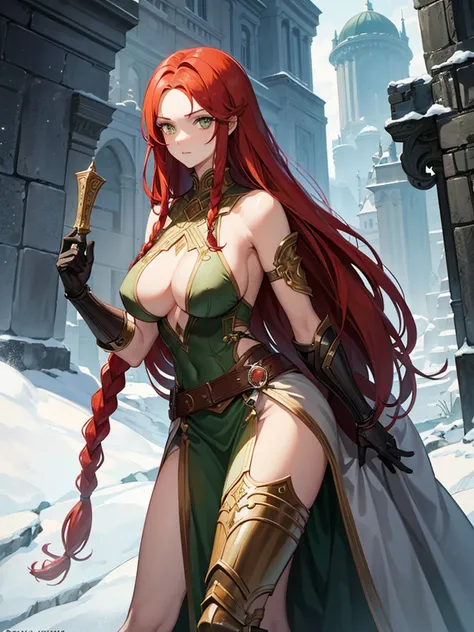 A very tall woman with braided red hair and green eyes, she would have large breasts and a muscular body, wearing dark souls-style armor but no helmet. Her armor covers her entire body