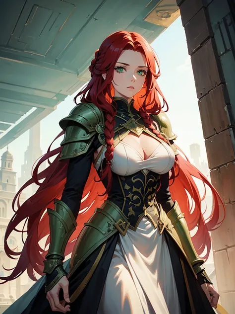 A very tall woman with braided red hair and green eyes, she would have large breasts and a muscular body, wearing dark souls-style armor but no helmet. Her armor covers her entire body