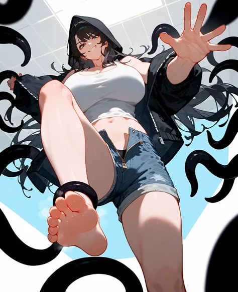 1 woman showing her stinky feet low angle，Soles，White belly tank top，Wearing an unzipped black hooded jacket，Bangs, Long hair，齐Bangs, Denim shorts，Anatomically correct, Big breasts(d), Smirk，Mature，Smirk，Background is the ceiling，There are many black tenta...