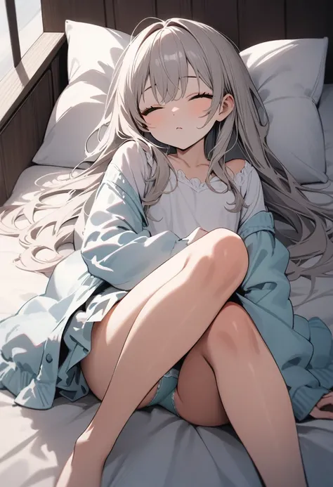 high quality, 最high quality、 Stylish design, (((The cutest girl))), ((Thin legs))、(((最high quality))), High resolution, ((detailed)), ((masterpiece)), ((Super detailed)), 24 year old girl、Inner Color、((Lying on your back in bed)),((Light clothing,underwear...