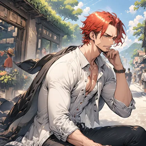 (masterpiece, best quality), intricate details, 1boy, man, red hair, straw hat, Shnks, shanks (one piece), scar on face, 3 scar left eye, short hair, shirt, white shirt, male focus, sitting posture, streetstyle pose, open clothes, collared shirt, pants, ca...