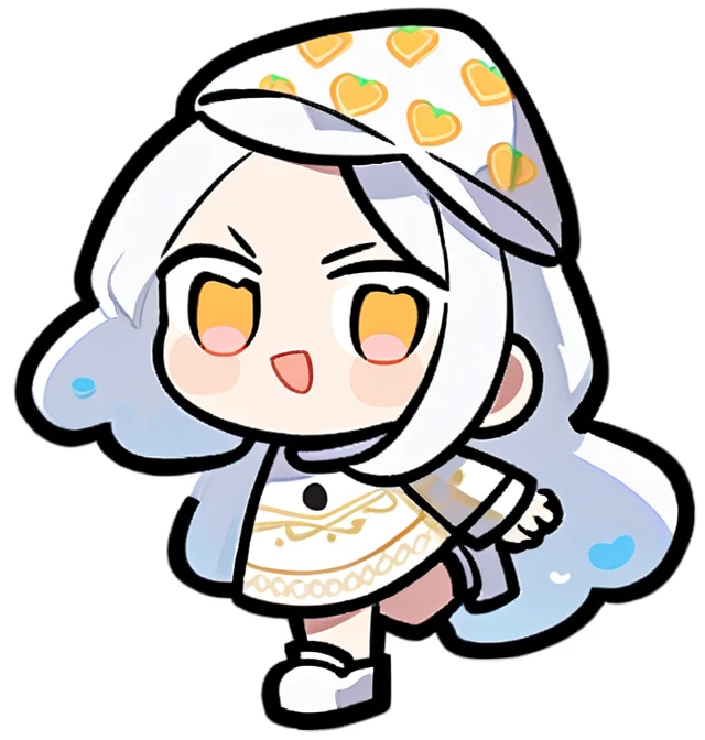 Woman long white hair, with a jellyfish on his head as a hat, very pale skin, wearing a white sweater with kawaii decorations like strawberries or stars (pins) that the sweater be low-cut but at the same time a dress, that has white stockings with white la...