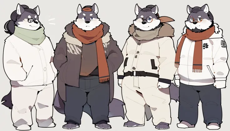 wolf,male,old,have hair,long samurai style hair,Wear a winter coat, wrap a scarf around your neck, put your hands on your hips, wear small round glasses , wear long pants,holding hands,bear,male,with hair,bun hairstyle,with beard,wearing winter vest,trouse...