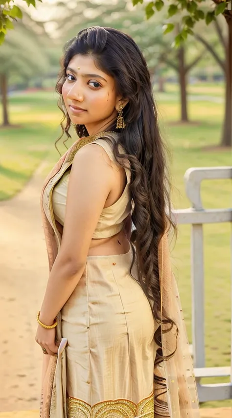 a beautiful Indian lady, 22 year, attractive, pretty, good looking, excellent , superb ,  wearing Indian school- college salwar kameez uniform, earrings, arched back,  sunlight, public park background, 92k, intricately detailed, UHD,