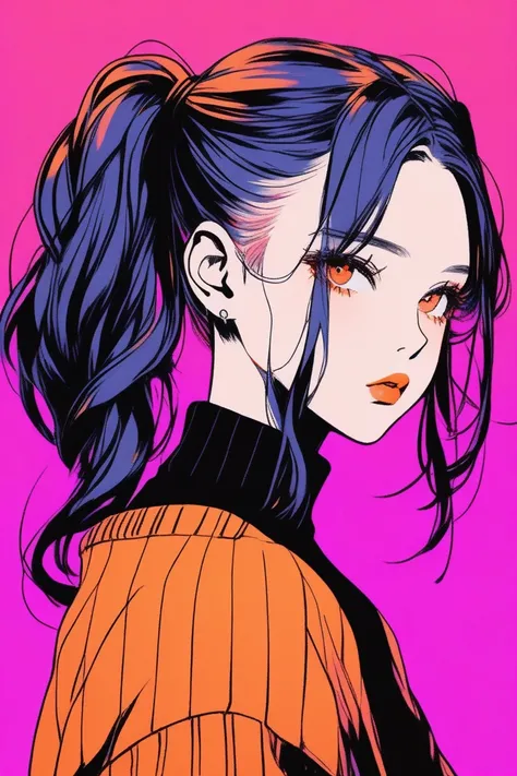 (best quality, sketch:1.2),realistic,illustrator,anime,1 girl, detailed lips,sweater,custom,orange gradient background, neon hair, pigtails, textured cropping, masterpiece, style retro classic, noir dark 