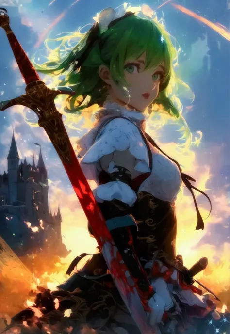 nsfw, masterpiece, best quality, ultra detailed, colorful ,15 years old, a girl, swordsman, a long sword in hand, covered in wounds, {bloodstained}, {bandages}, gothic Lolita fashion , twin-tailed green and black hair, {tattered clothes}, medieval European...