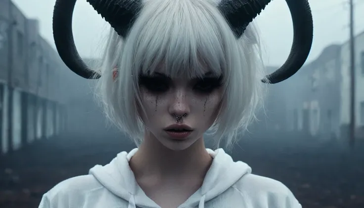 (Best Quality,hight resolution,Masterpiece, full body view:1.2),Ultra-detailed,demon woman with horns,dressed in black hoodie and white panties,sickly,standing in a horror sci fi scenario,horror sci fi aesthetic,gloomy ecstasy,fetish,dark gloomy atmosphere...