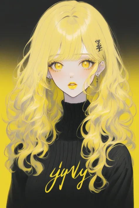 (best quality, sketch:1.2),realistic,illustrator,anime,1 girl, detailed lips, sweater, custom, yellow gradient background, neon ...