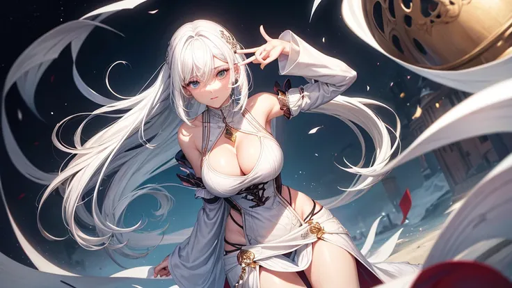 Create a character with white hair, smooth, falling to her waist