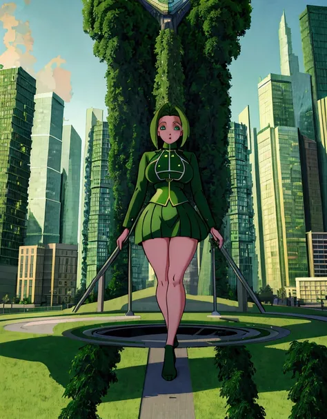 a  in a green miniskirt uniform, crossing a futuristic park, in the middle of a city in the future, outdoors, tall buildings, city, curves, (masterpiece, detailed, high resolution:1.4)