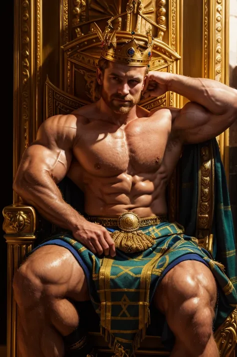 (a scottish king , muscular pectorals, and biceps, sitting on a throne, wearing a big crown, and flexing his bicep), oil painting, realistic, highres, portrait, vivid colors, warm tones, soft lighting