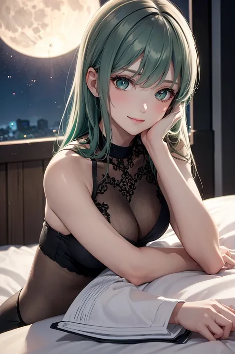 Best Quality,High resolution,8k,finelity detailed background,Masterpiece:1.2),beautiful girl,Shiny green hair,crossed bangs,Green Eyes,Gentle look,A refreshing look,smile,Best quality,Best Quality,Aesthetic and aesthetic:1.2,Best details((Super detailed))(...