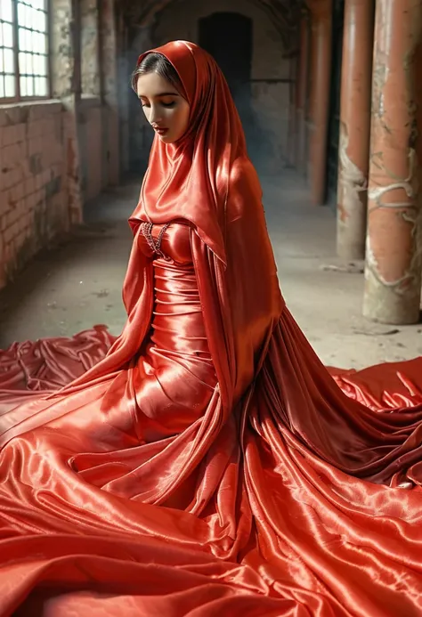 a sexy a woman covered in large red satin cloth, tied tightly with the satin cloth, mummified, the satin hanging down very long,...