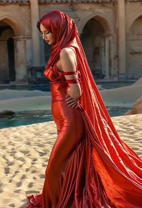 a sexy a woman covered in large red satin cloth, tied tightly with the satin cloth, mummified, the satin hanging down very long,...