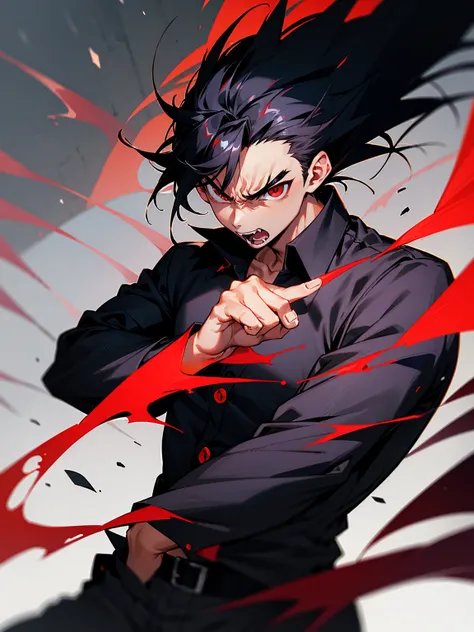 1male, tanned skin, black hair, spiky hair, red eyes, black button up shirt, angry