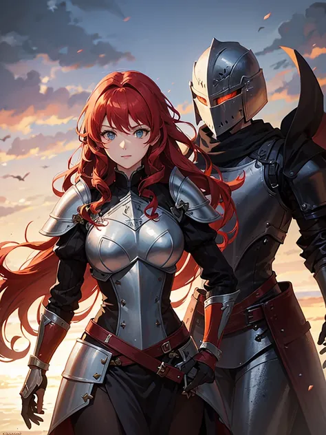 A knightly woman with curly red hair. She would also have green eyes and wear dark souls-style armor.