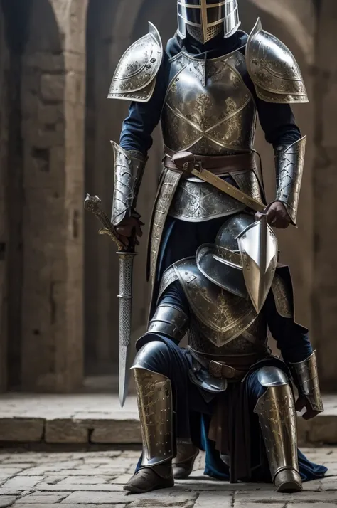 A helmeted knight, kneeling looking down, holding a sword in one of his hands