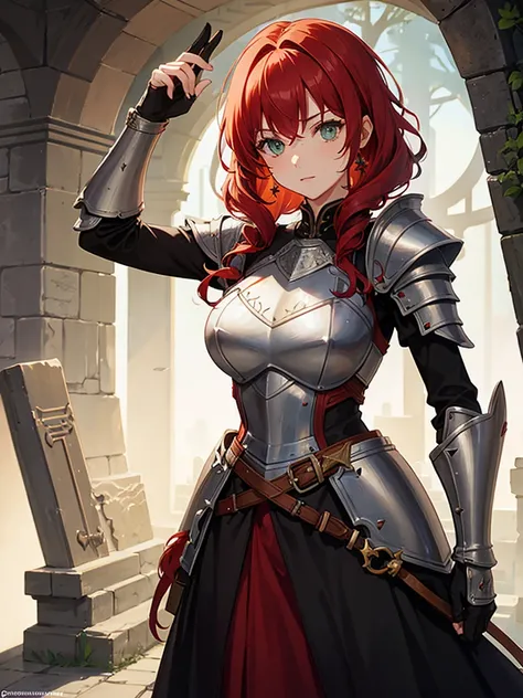 A knightly woman with curly red hair. She would also have green eyes and wear dark souls-style armor.