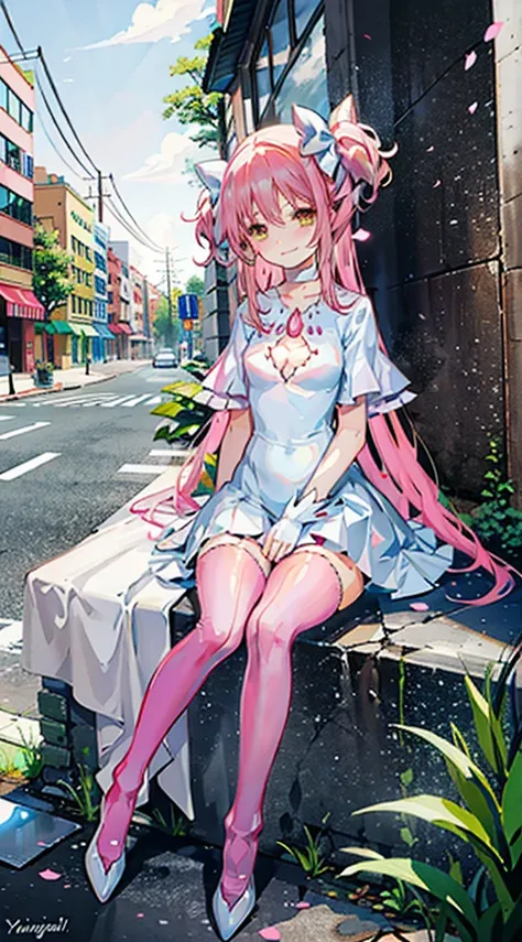 Pink hair，madoka，street，Smile，Foot washing，leotard