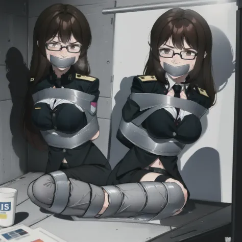 a girl with brown hair and glasses, police uniform, breasts, tied up, bondage, duct tape, arms and legs, she is tied up by a masked bandit