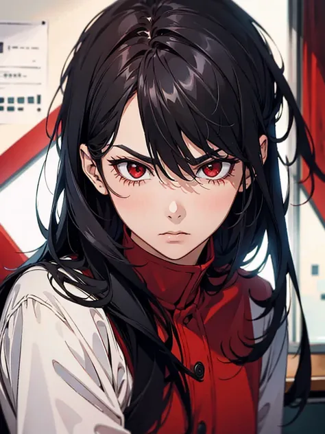 man, black hair, red eyes, serious expression, desk