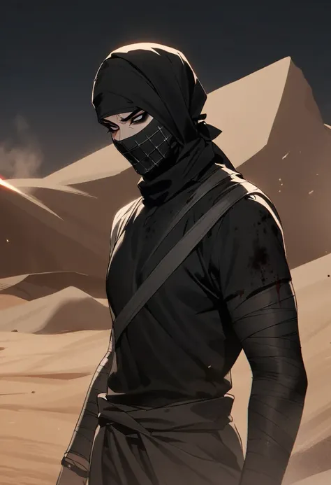 Male arab modern terrorist, terrorist, black balaclava, black bandage, blood on body, black clothes, thin waist, femboy, light skin, makeup, black eyeliner, big eyelashes, black eyeshadow, choker, desert, night, sandstorm