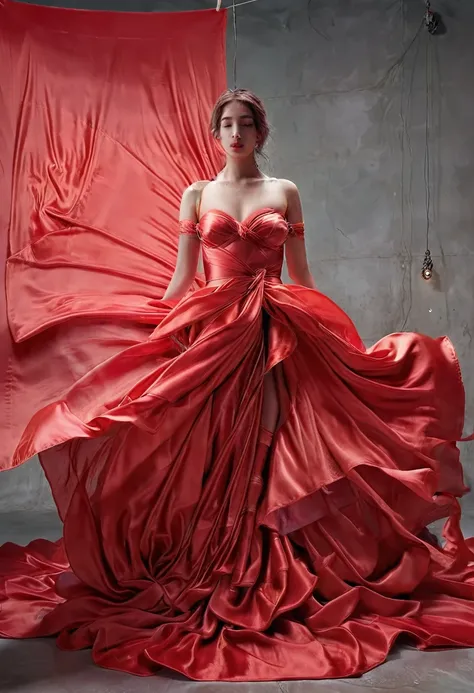 a sexy a woman covered in large red satin cloth, tied tightly with the satin cloth, mummified, the satin hanging down very long, a mermaid style dress, wearing a satin hijab, the satin cloth is very long, forming the curve of the body, flowy satin about 4 ...