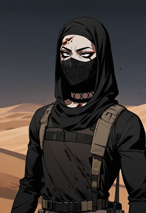 Male arab modern terrorist, terrorist, black balaclava, blood on body, black clothes, thin waist, femboy, light skin, makeup, black eyeliner, big eyelashes, black eyeshadow, choker, desert, night, sandstorm