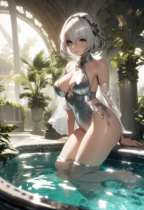 Nier automata 2B a beautiful millionaire pool with a very sexy silver swimsuit well made 