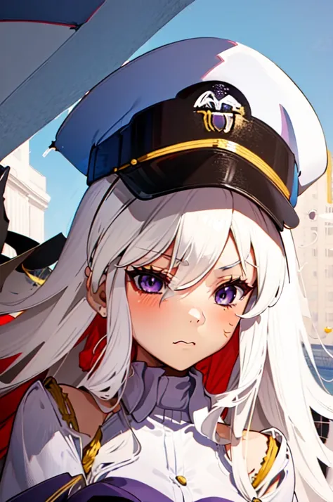 1girl, white hair, captain cap, captain uniform, purple eyes, pouty look, upclose, potrait, slight blush, narrow eyes, 2d