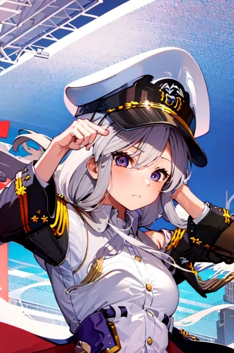 1girl, white hair, captain cap, captain uniform, purple eyes, pouty look, upclose, potrait, slight blush, narrow eyes, 2d