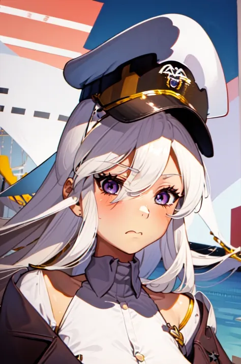 1girl, white hair, captain cap, captain uniform, purple eyes, pouty look, upclose, potrait, slight blush, narrow eyes, 2d