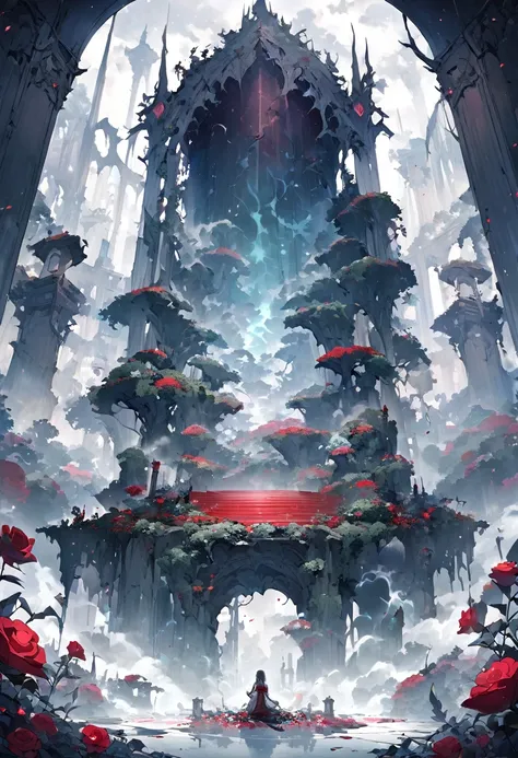 Poster Quality,Girl sitting on ruins、(The pillars are covered with ivy.々The red rose-like flowers bloom in:0.9)、(The whole place is covered in mist, creating a fantastical landscape.:1.5)