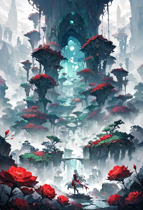 Poster Quality,Girl sitting on ruins、(The pillars are covered with ivy.々The red rose-like flowers bloom in:0.9)、(The whole place is covered in mist, creating a fantastical landscape.:1.5)