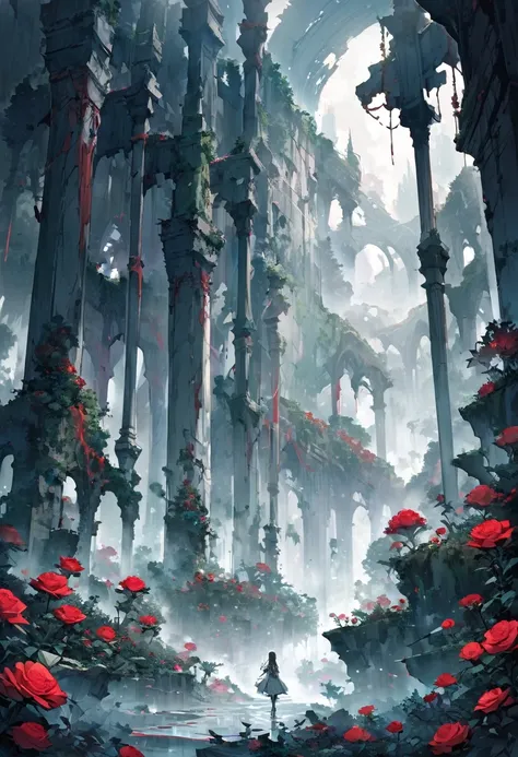 Poster Quality,Girl sitting on ruins、(The pillars are covered with ivy.々The red rose-like flowers bloom in:0.9)、(The whole place is covered in mist, creating a fantastical landscape.:1.5)