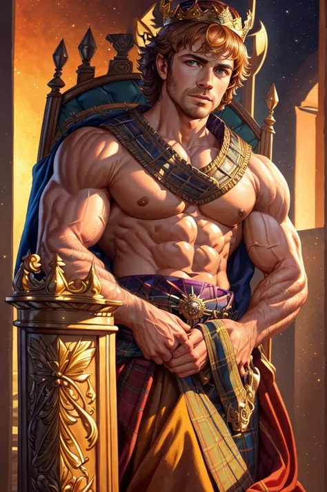 (a scottish prince,standing on a throne,wearing a crown,muscular pectorals and biceps,oil painting,realistic,highres,portrait,vivid colors,warm tones,soft lighting)