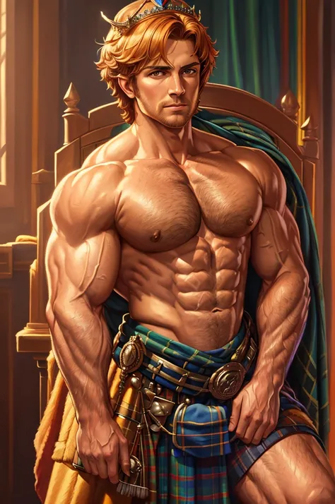 (a scottish prince,standing on a throne,wearing a crown,muscular pectorals and biceps,oil painting,realistic,highres,portrait,vivid colors,warm tones,soft lighting)