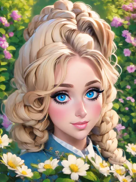 (masterpiece:1.2), (best quality:1.2), perfect eyes, perfect face, perfect lighting, 1girl, mature female in a field, medium blond hair, curly hair, detailed clothes, detailed outdoor background, makeup, eyeshadow, thick eyelashes, fantasy, looking at the ...