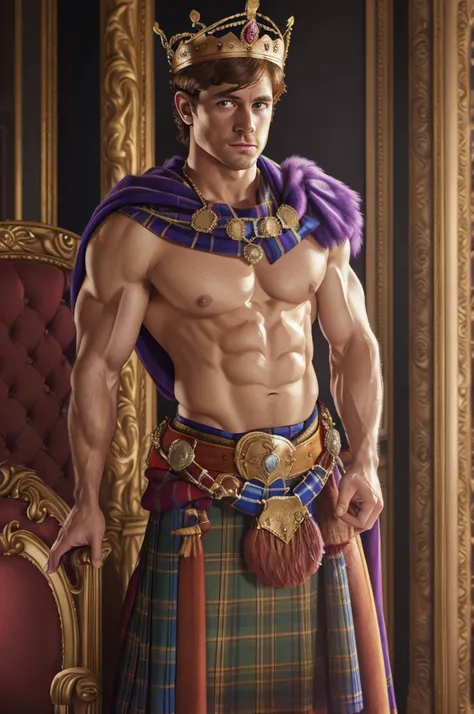 (a scottish prince,standing on a throne,wearing a crown,muscular pectorals and biceps,oil painting,realistic,highres,portrait,vivid colors,warm tones,soft lighting)