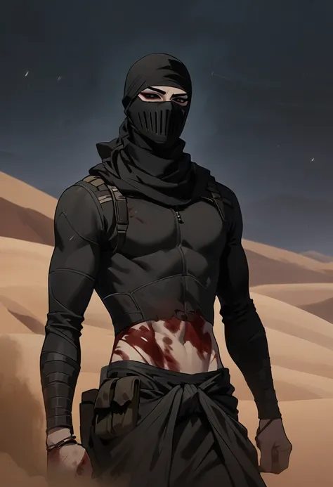 Male arab modern terrorist, terrorist, black balaclava, blood on body, black clothes, thin waist, femboy, light skin, makeup, black eyeliner, big eyelashes, black eyeshadow, choker, desert, night, sandstorm