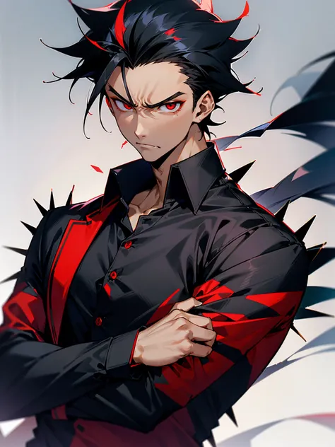 1male, tanned skin, black hair, spiky hair, red eyes, black button up shirt, annoyed