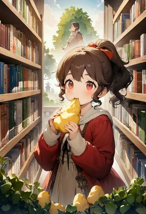 One girl,Anna Yamada,The fate of the people,Intricate details,Wide range of colors,artwork,rendering,(masterpiece:1.3),(Highest quality:1.4),(Very detailedな:1.5),High resolution,Very detailed,unity 8k wallpaper,pop,cute,Eating potato chips,School Library B...